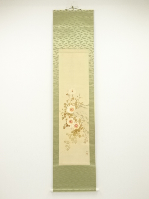 JAPANESE HANGING SCROLL / HAND PAINTED / PEONY ON THE ROCK